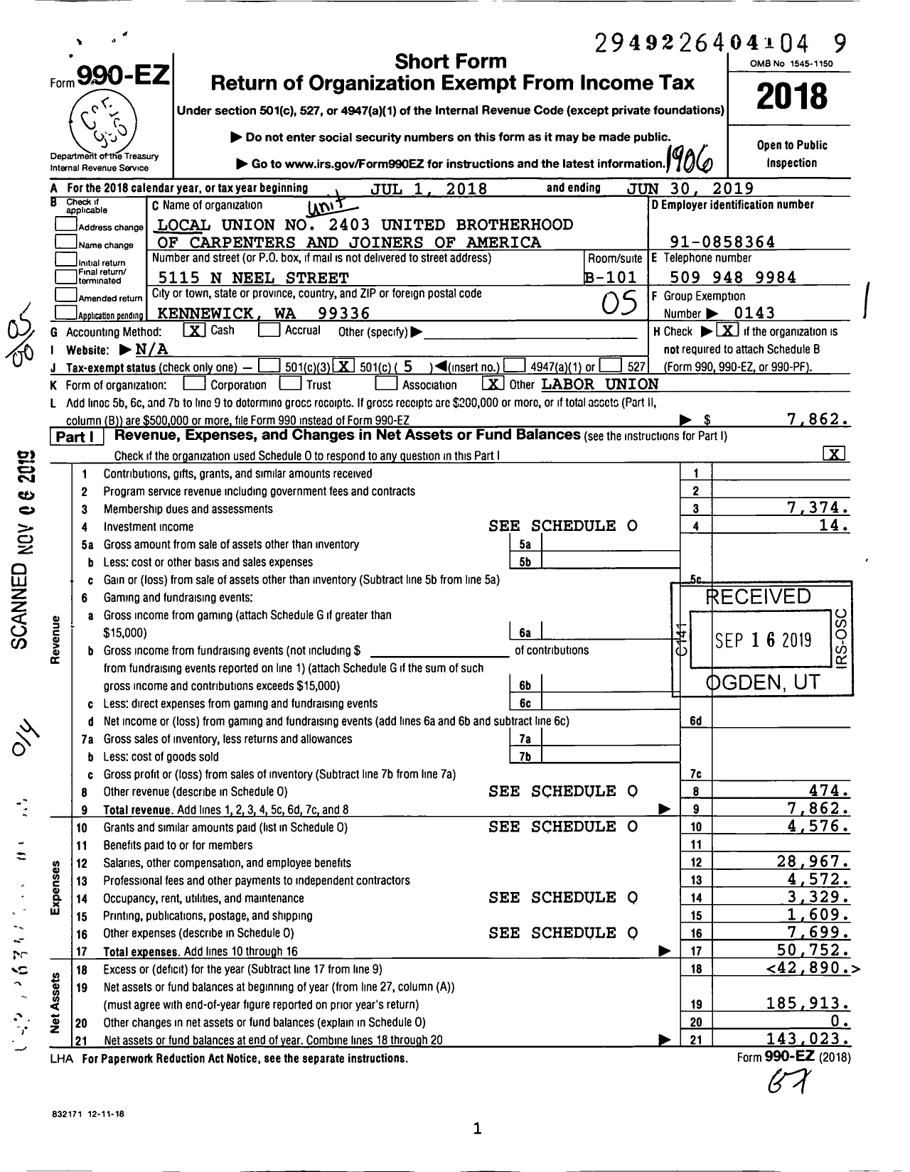 Image of first page of 2018 Form 990EO for United Brotherhood of Carpenters & Joiners - 2403 (2403)