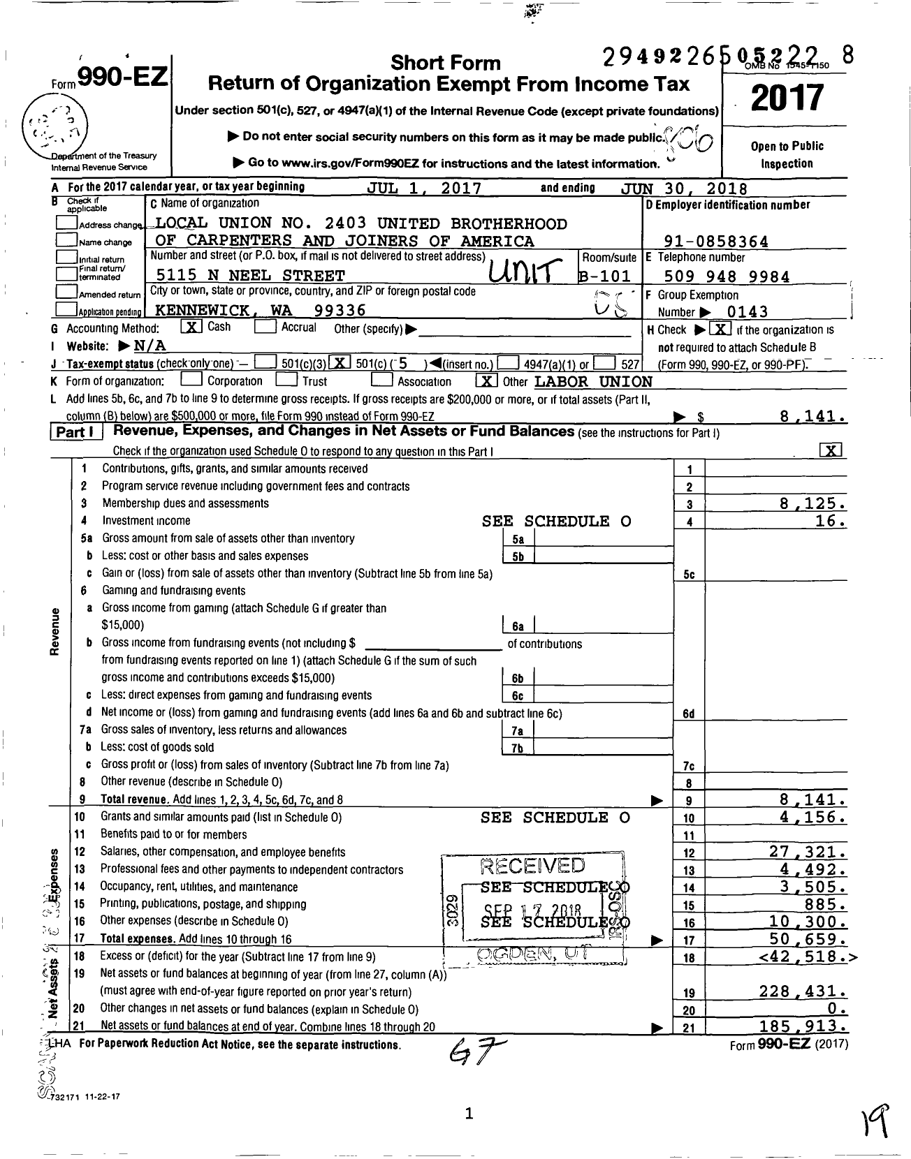 Image of first page of 2017 Form 990EO for United Brotherhood of Carpenters & Joiners - 2403 (2403)