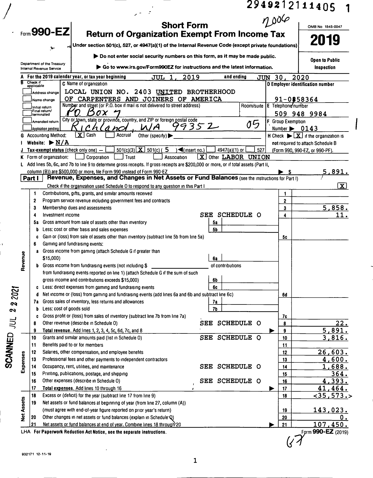 Image of first page of 2019 Form 990EO for United Brotherhood of Carpenters & Joiners - 2403 (2403)