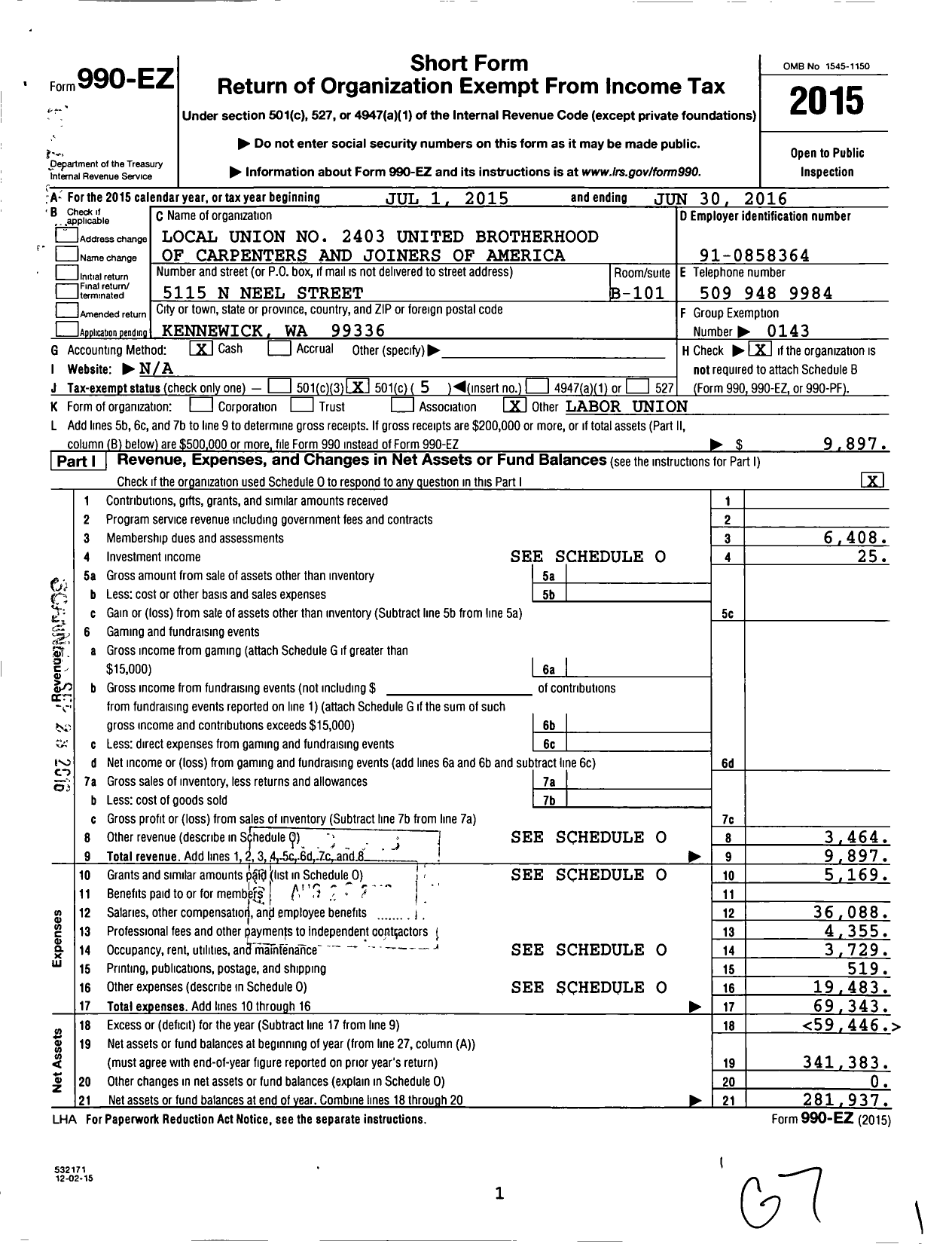 Image of first page of 2015 Form 990EO for United Brotherhood of Carpenters & Joiners - 2403 (2403)