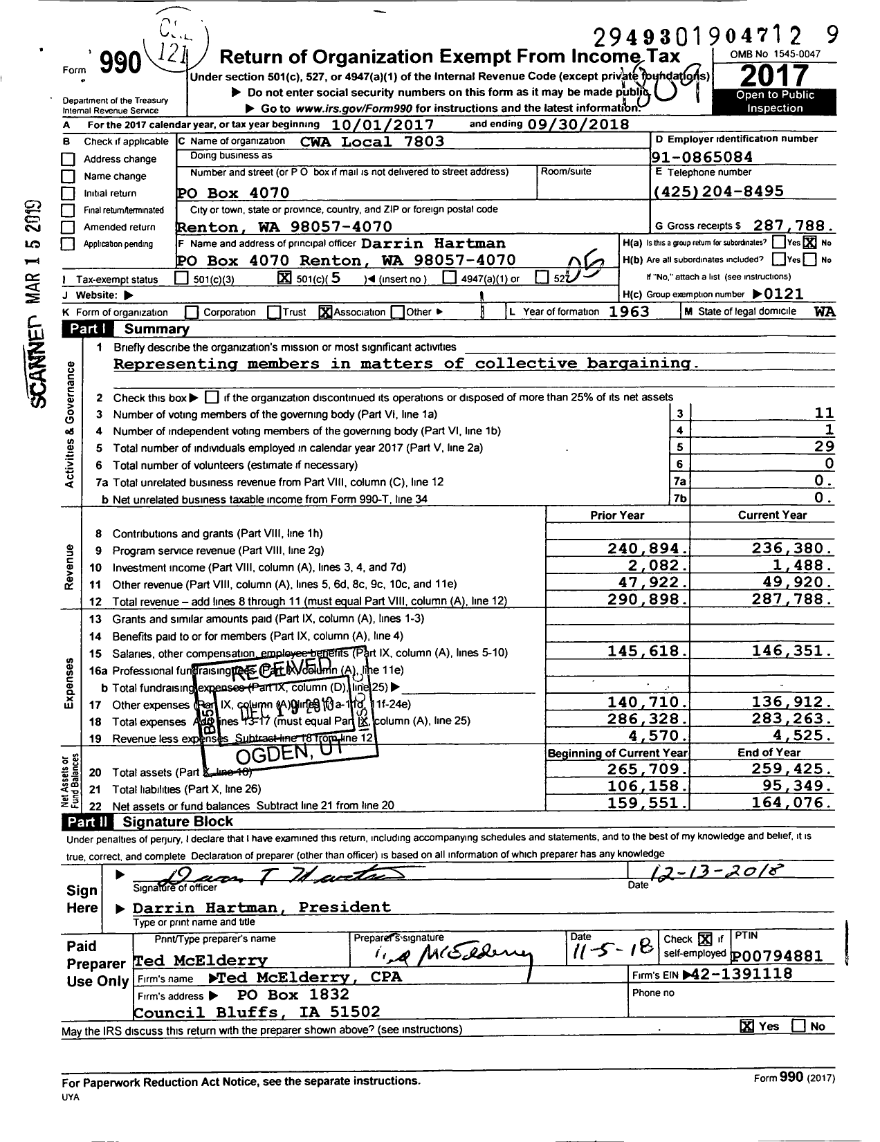 Image of first page of 2017 Form 990O for Communications Workers of America - 7803