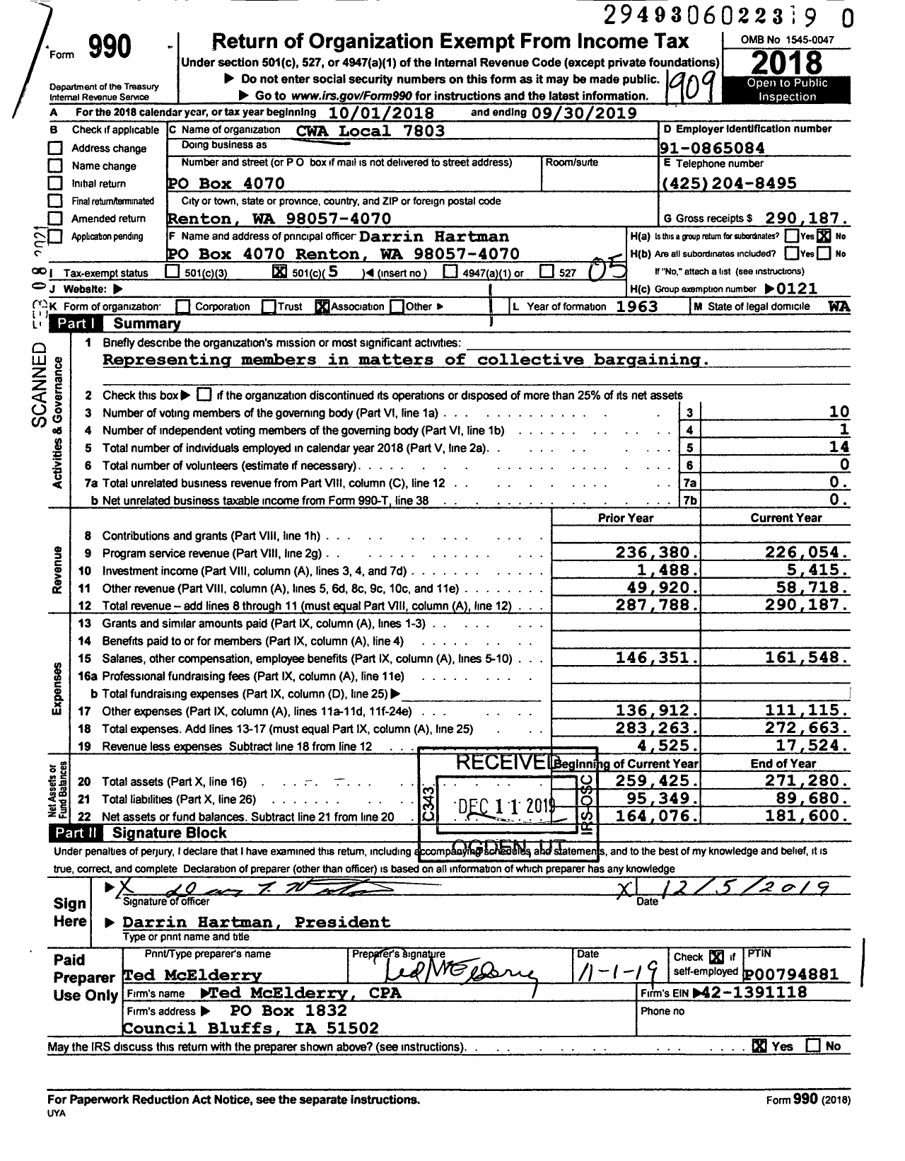 Image of first page of 2018 Form 990O for Communications Workers of America - 7803