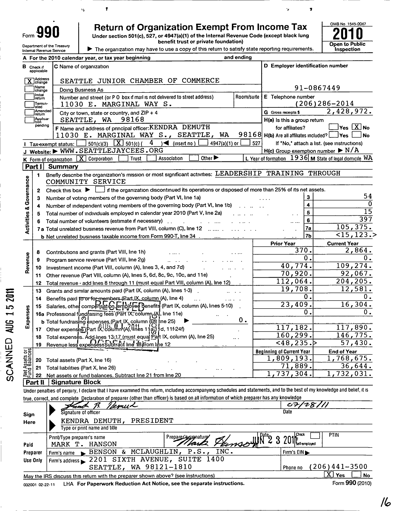 Image of first page of 2010 Form 990O for United States Junior Chamber of Commerce