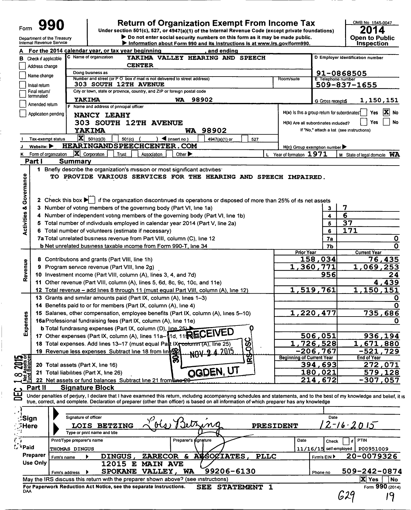 Image of first page of 2014 Form 990 for Yakima Valley Hearing and Speech Center