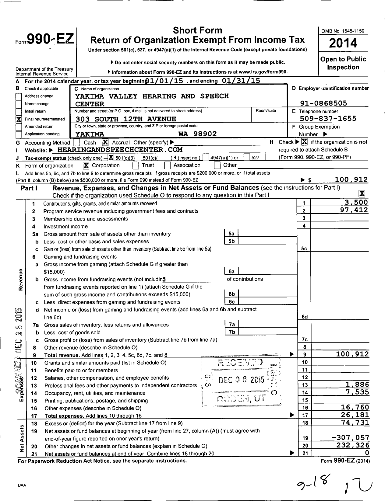 Image of first page of 2014 Form 990EZ for Yakima Valley Hearing and Speech Center