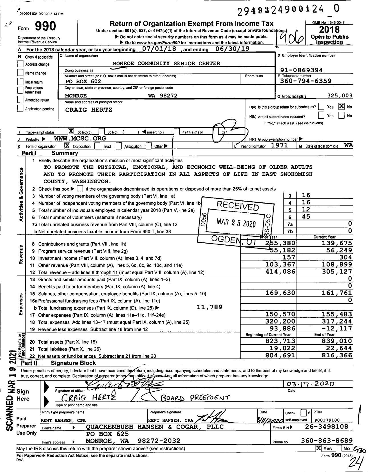 Image of first page of 2018 Form 990 for Monroe Community Senior Center