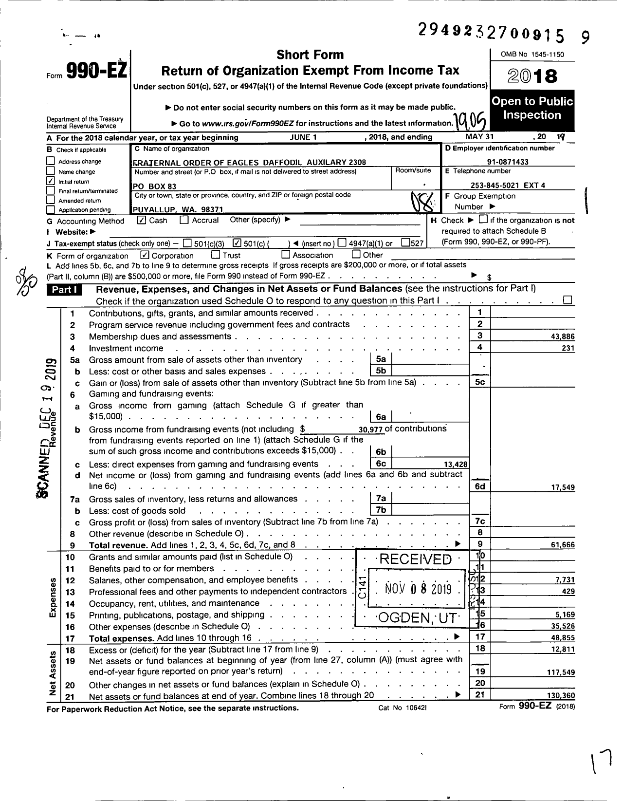 Image of first page of 2018 Form 990EO for Fraternal Order of Eagles - 2308 Auxiliary