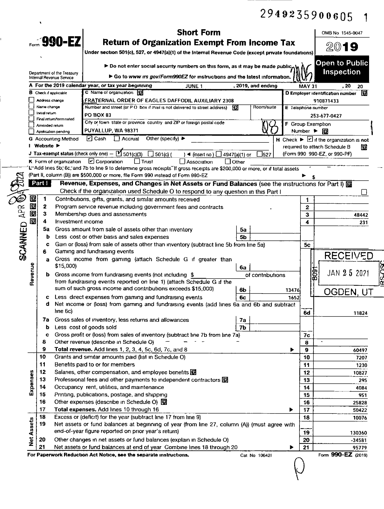 Image of first page of 2019 Form 990EO for Fraternal Order of Eagles - 2308 Auxiliary