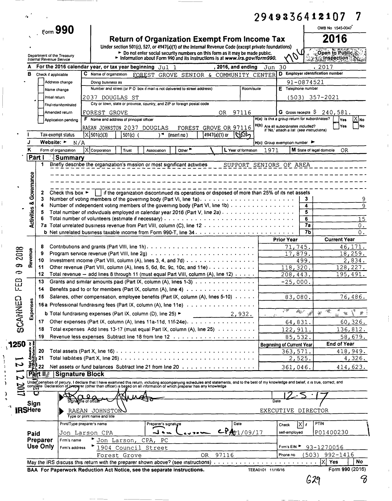 Image of first page of 2016 Form 990 for Forest Grove Senior and Community Center