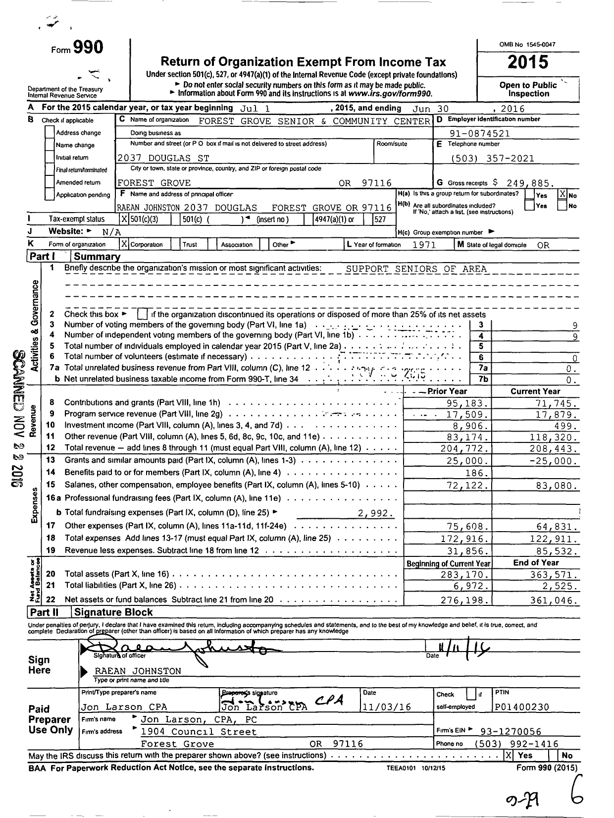 Image of first page of 2015 Form 990 for Forest Grove Senior and Community Center