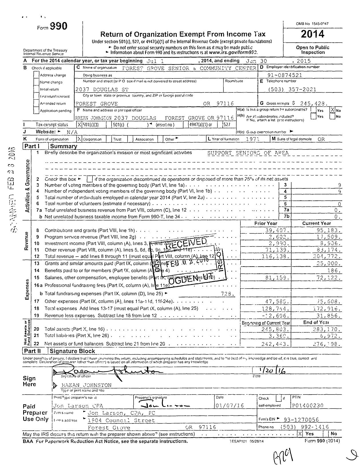 Image of first page of 2014 Form 990 for Forest Grove Senior and Community Center