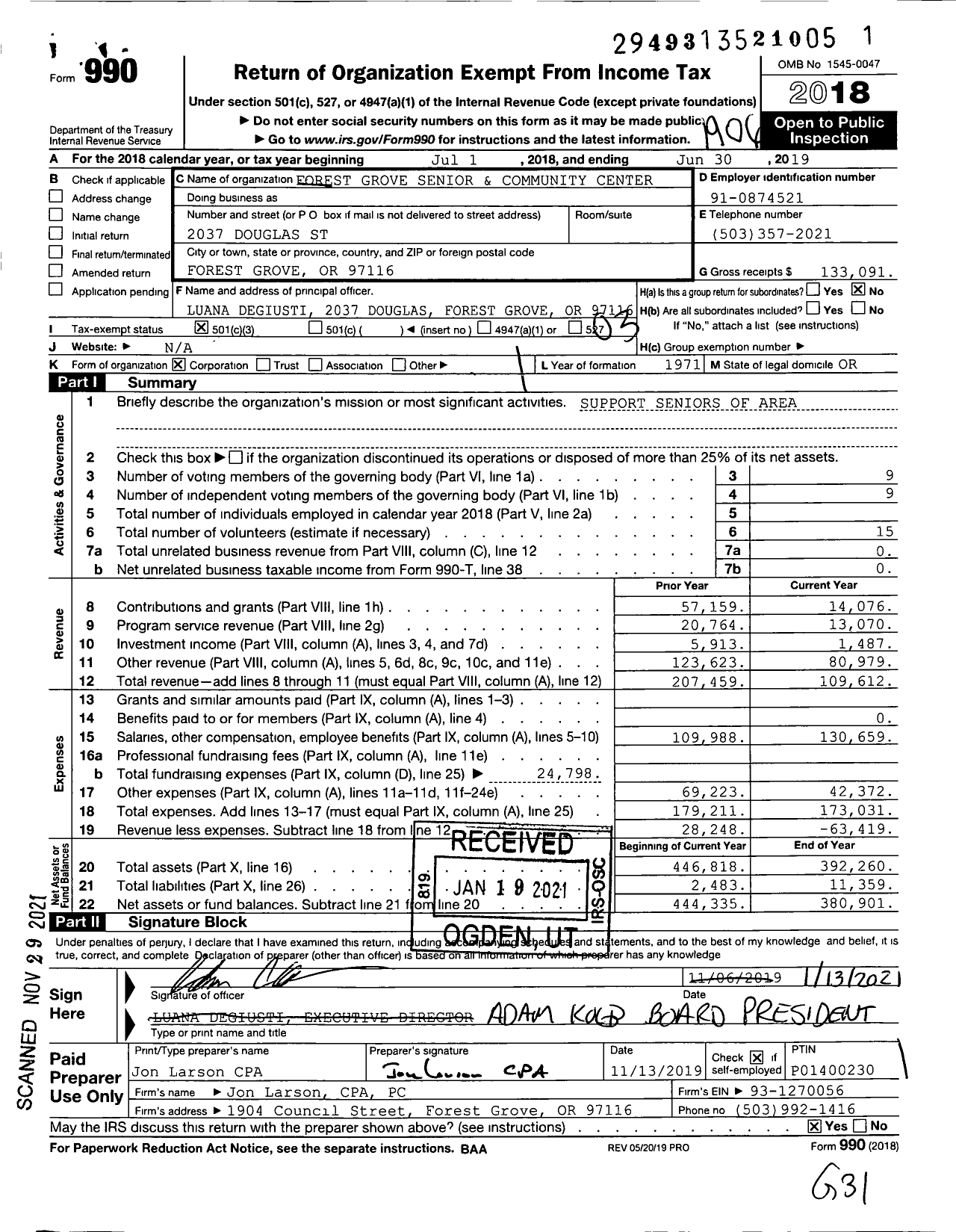 Image of first page of 2018 Form 990 for Forest Grove Senior and Community Center