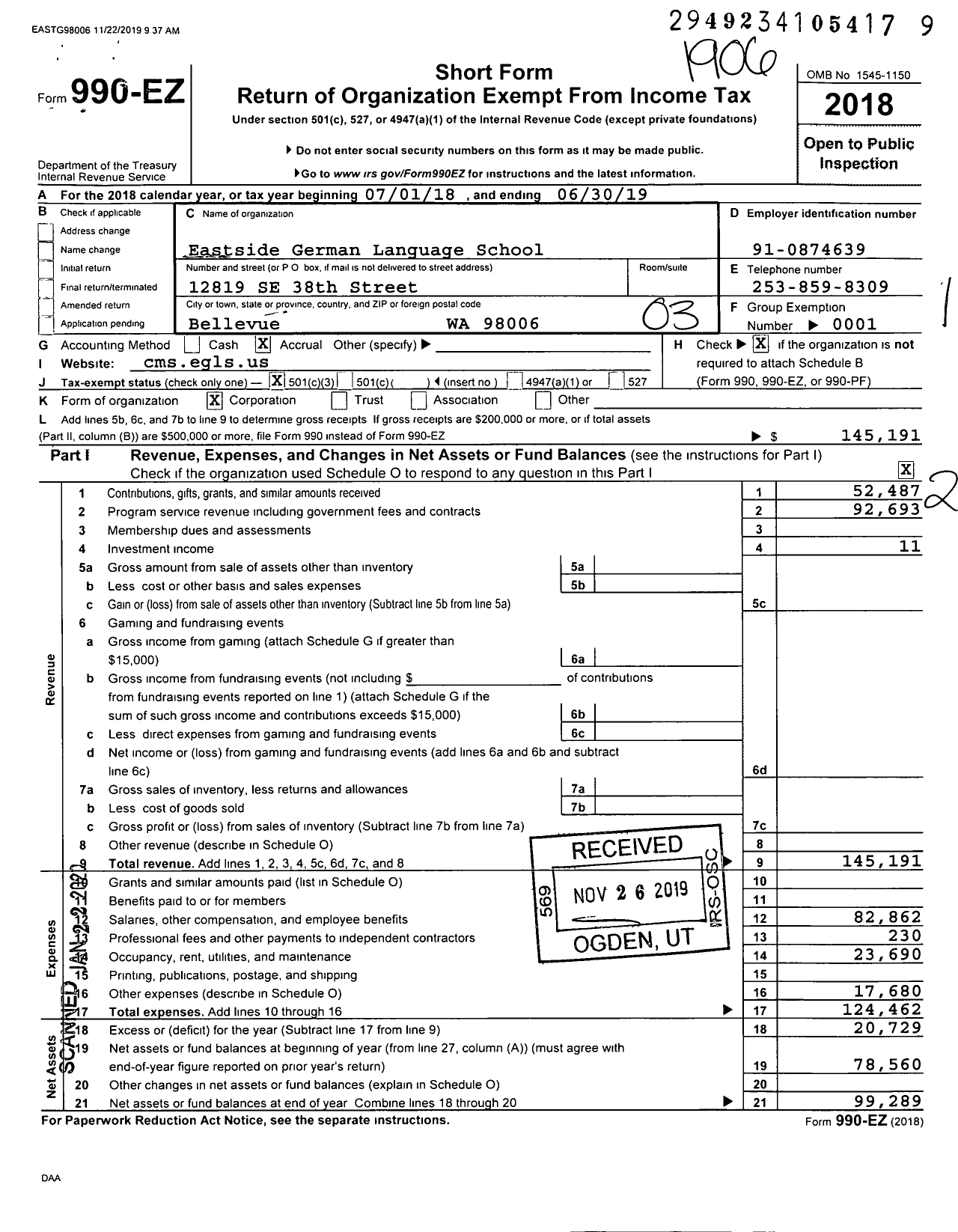 Image of first page of 2018 Form 990EZ for Eastside German Language School