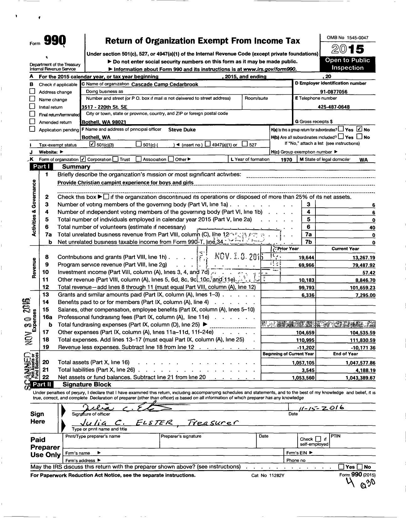 Image of first page of 2015 Form 990 for Cascade Camp Cedarbrook