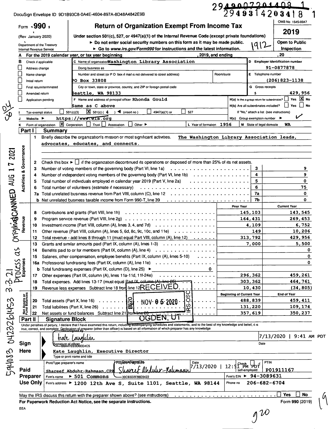 Image of first page of 2019 Form 990O for Washington Library Association