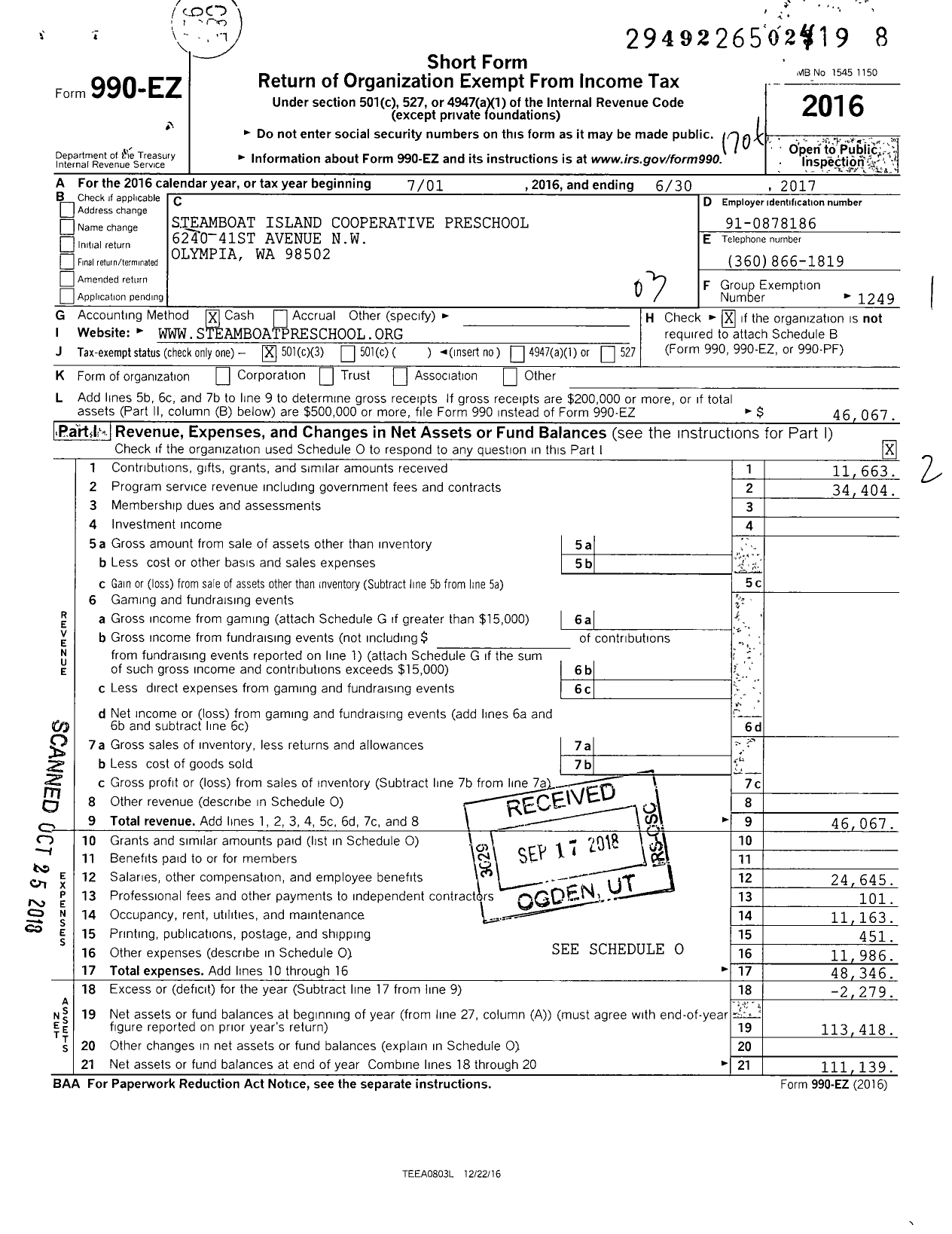 Image of first page of 2016 Form 990EZ for Steamboat Island Cooperative Preschool