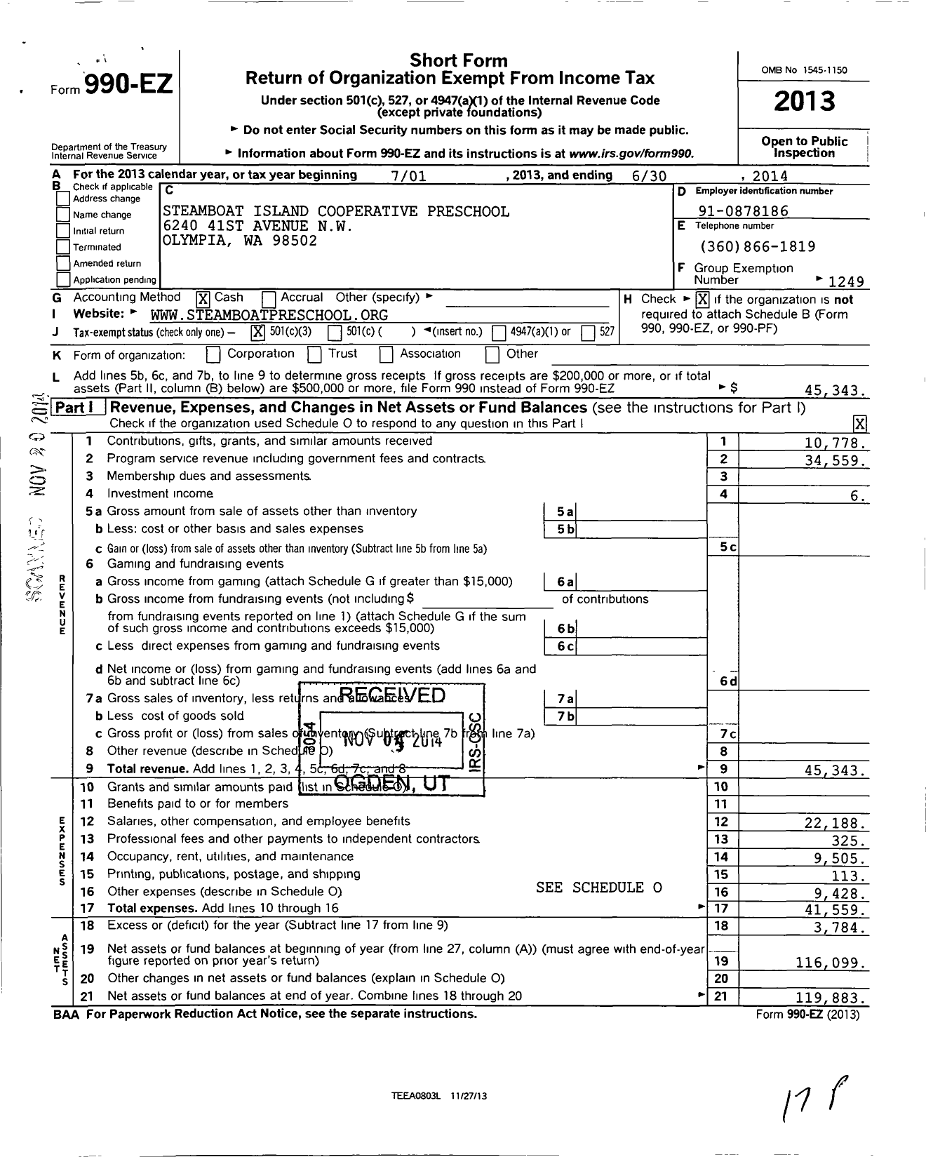 Image of first page of 2013 Form 990EZ for Steamboat Island Cooperative Preschool