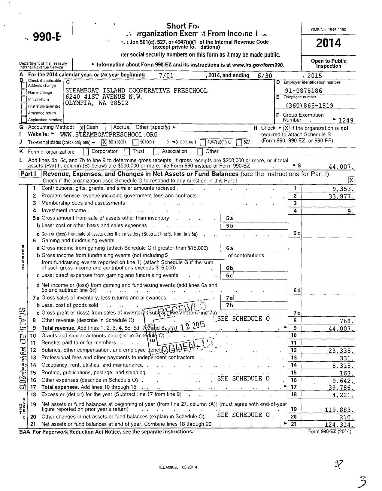 Image of first page of 2014 Form 990EZ for Steamboat Island Cooperative Preschool