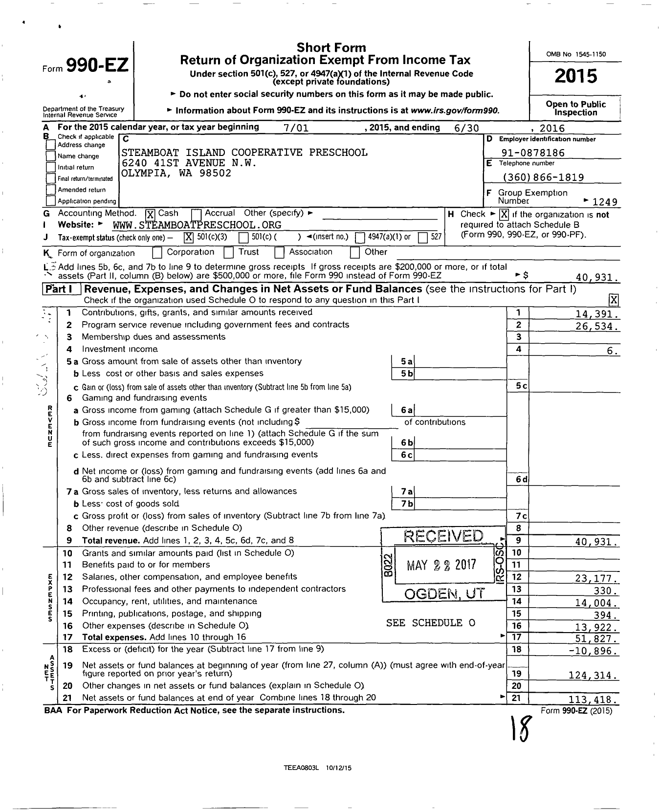 Image of first page of 2015 Form 990EO for Steamboat Island Cooperative Preschool