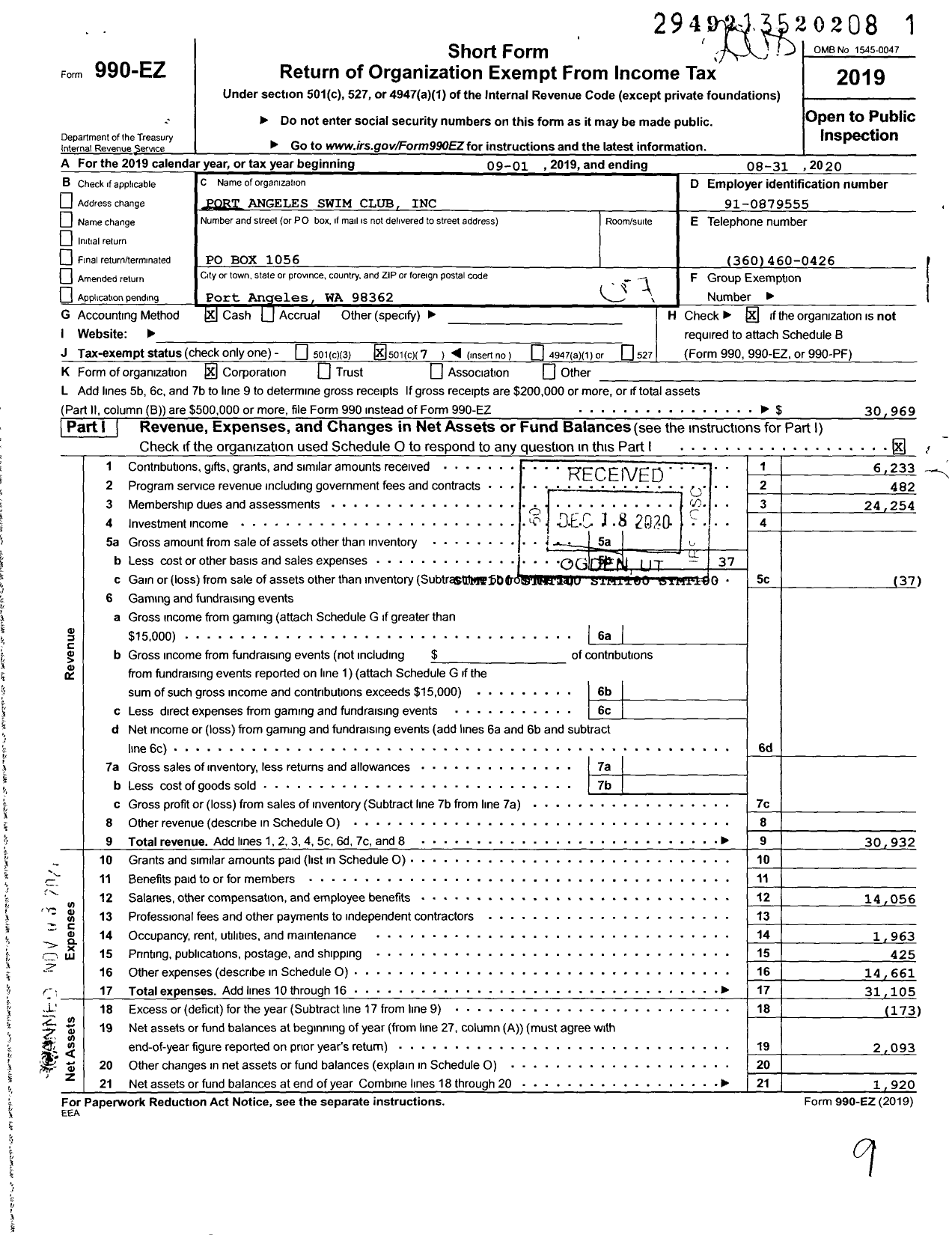 Image of first page of 2019 Form 990EO for Port Angeles Swim Club