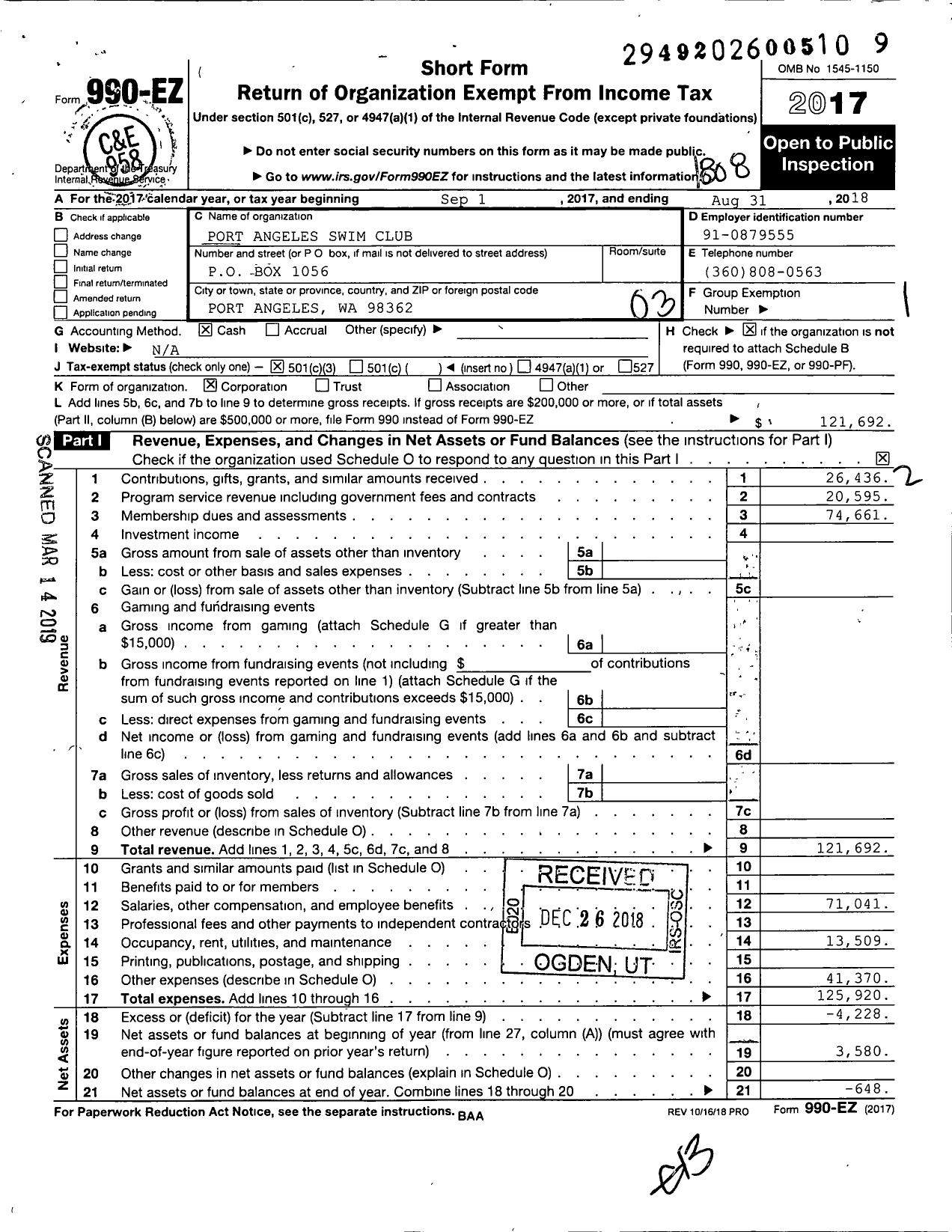 Image of first page of 2017 Form 990EZ for Port Angeles Swim Club