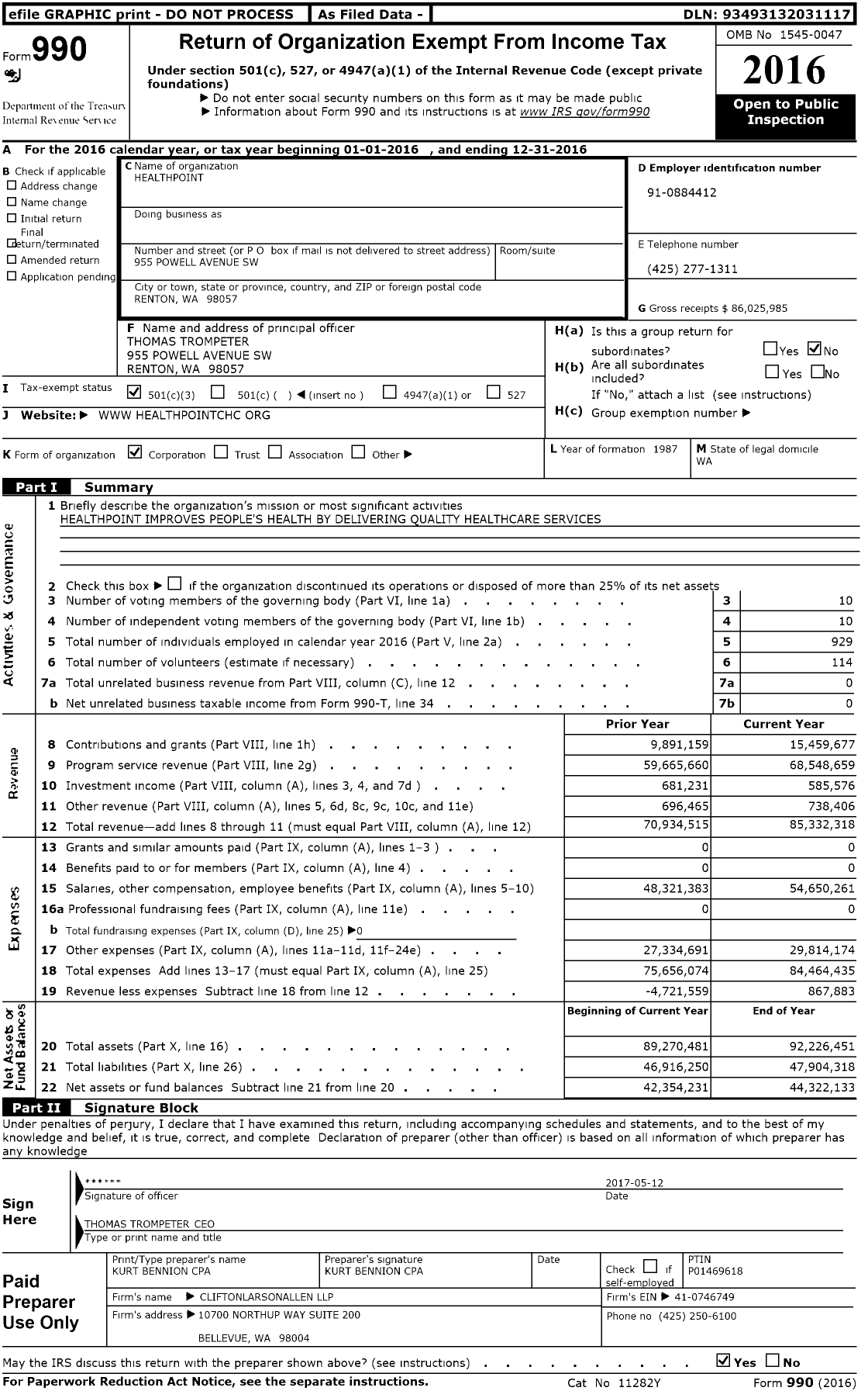 Image of first page of 2016 Form 990 for HealthPoint