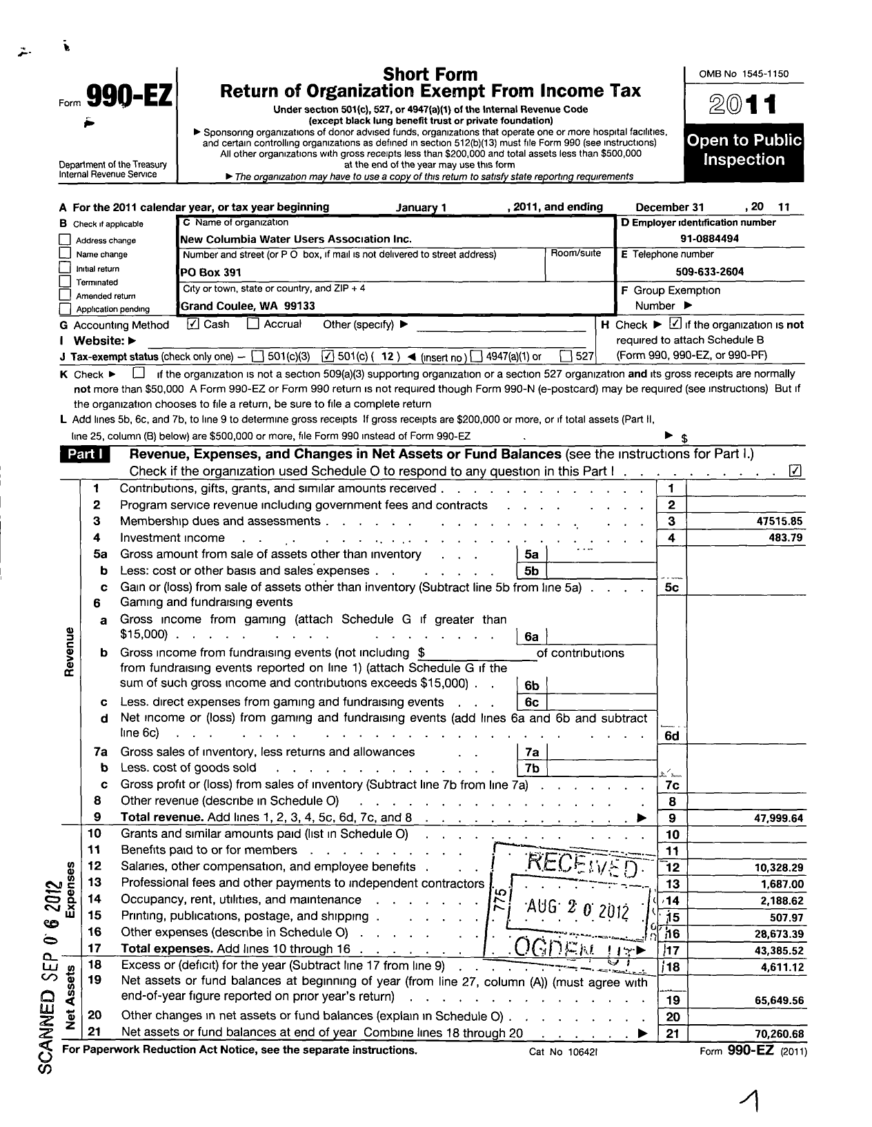 Image of first page of 2011 Form 990EO for New Columbia Water Users Association