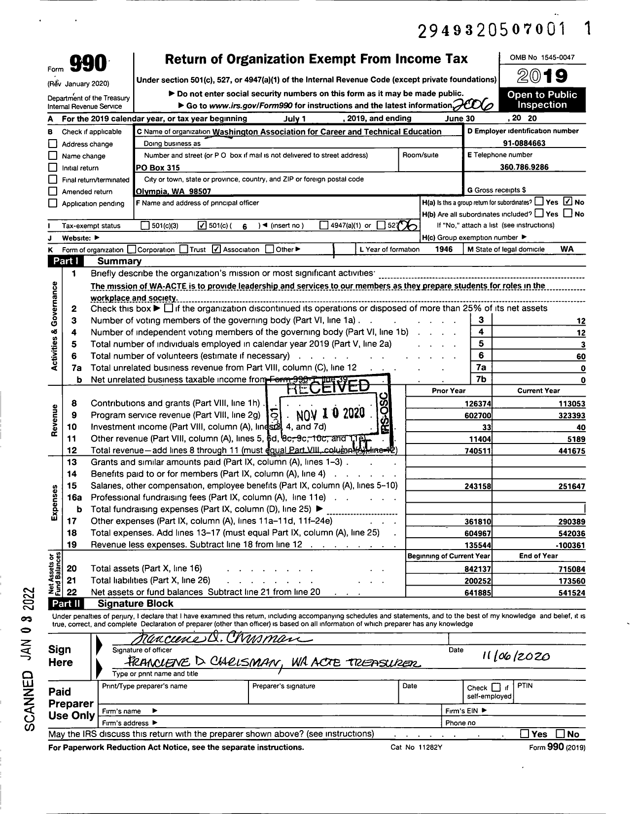 Image of first page of 2019 Form 990O for Washington Association for Career and Technical Education