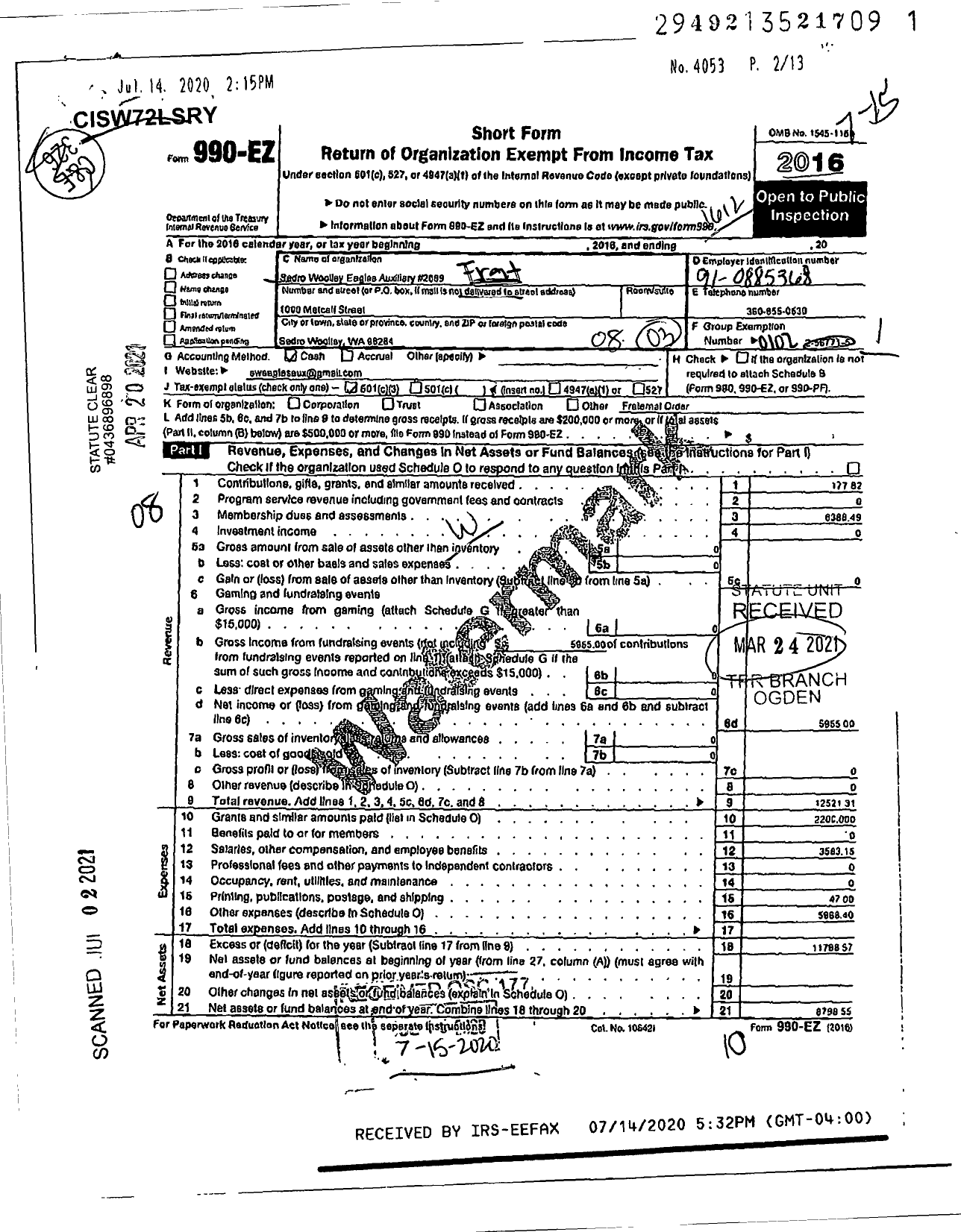 Image of first page of 2016 Form 990EO for Fraternal Order of Eagles