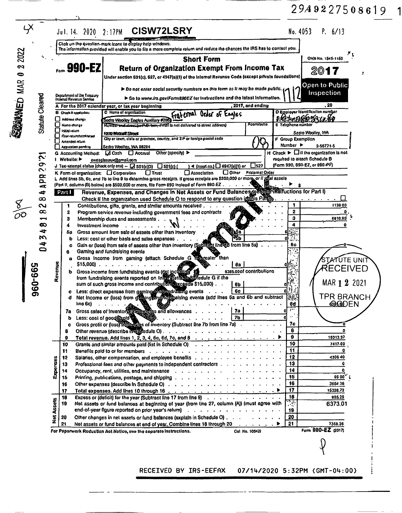 Image of first page of 2017 Form 990EO for Fraternal Order of Eagles