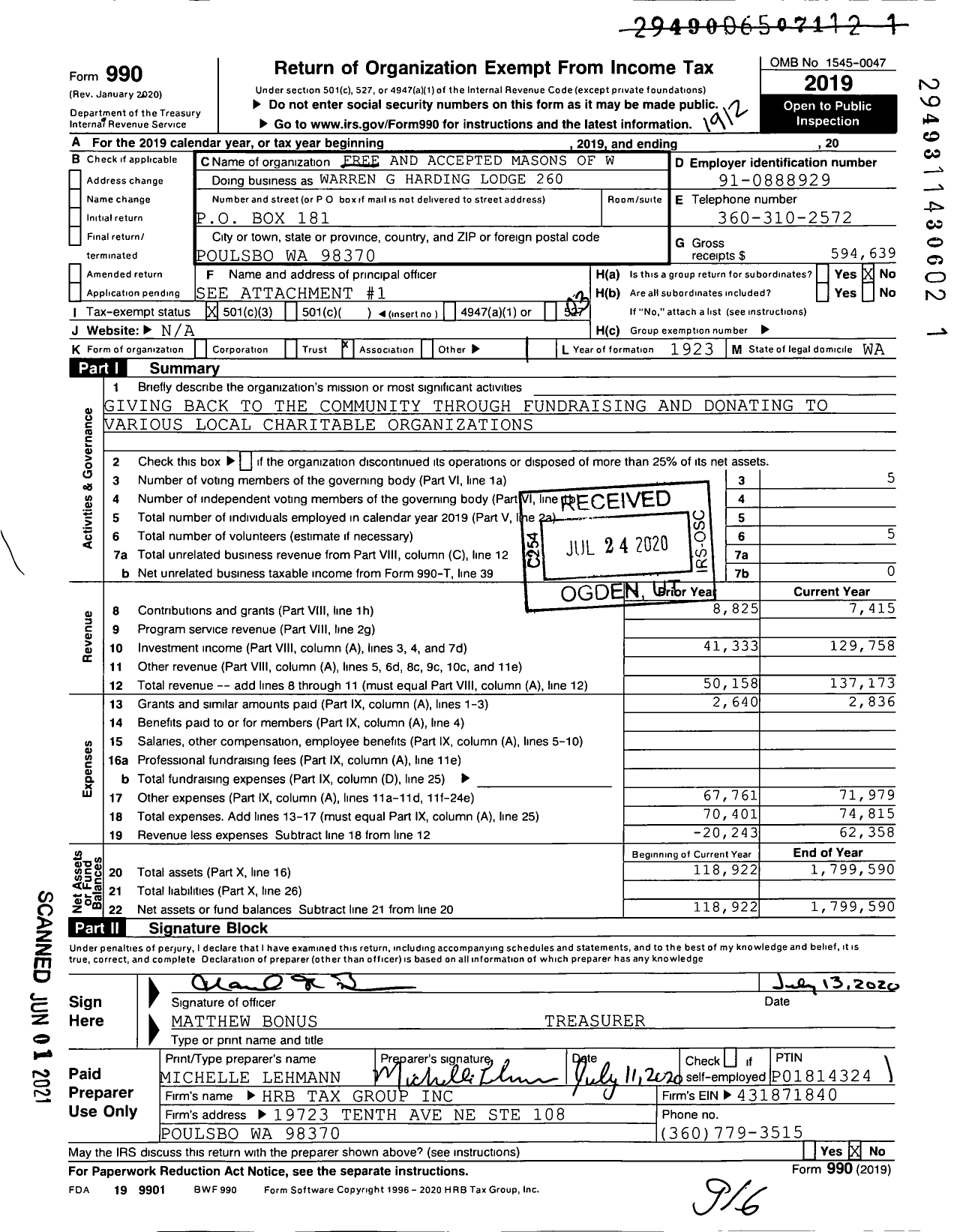 Image of first page of 2019 Form 990 for Free and Accepted Masons of Washington - 260 Warren G Harding