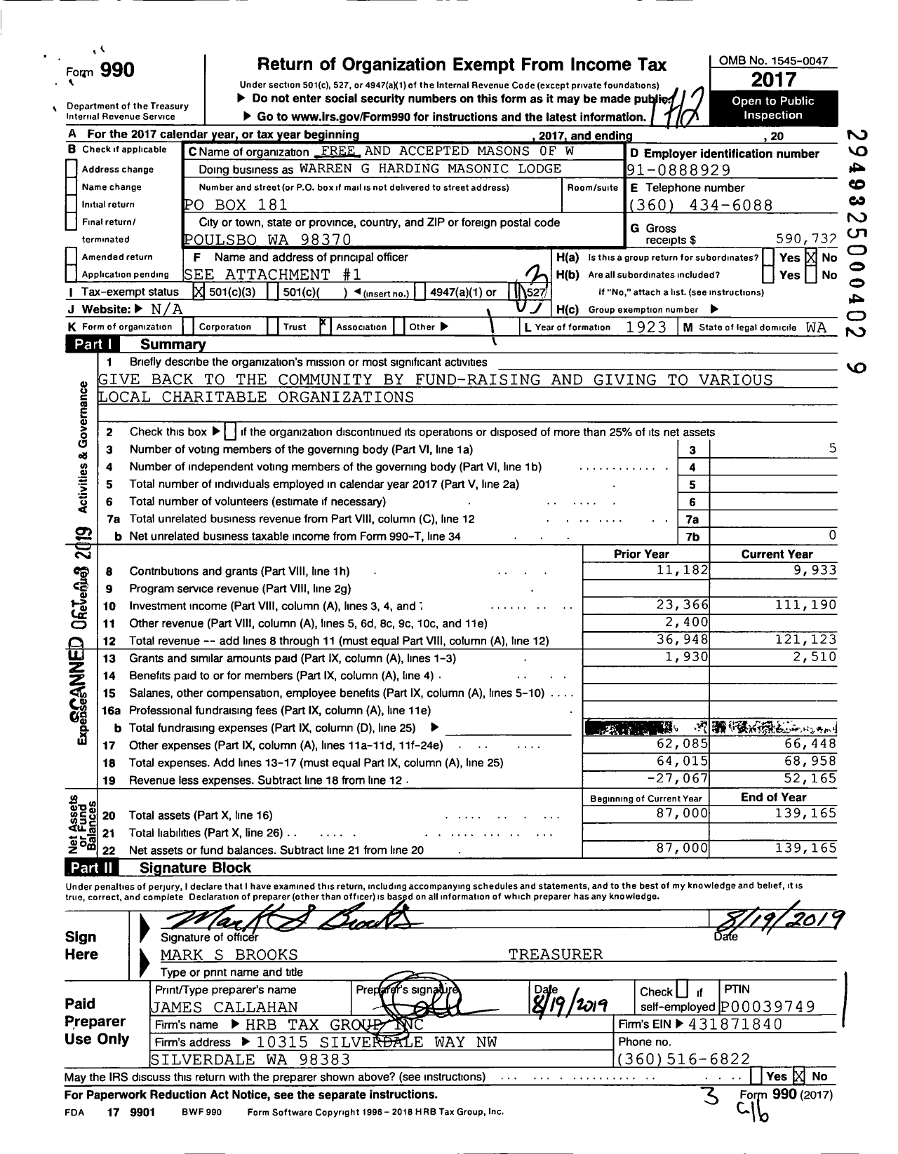 Image of first page of 2017 Form 990 for Free and Accepted Masons of Washington - 260 Warren G Harding