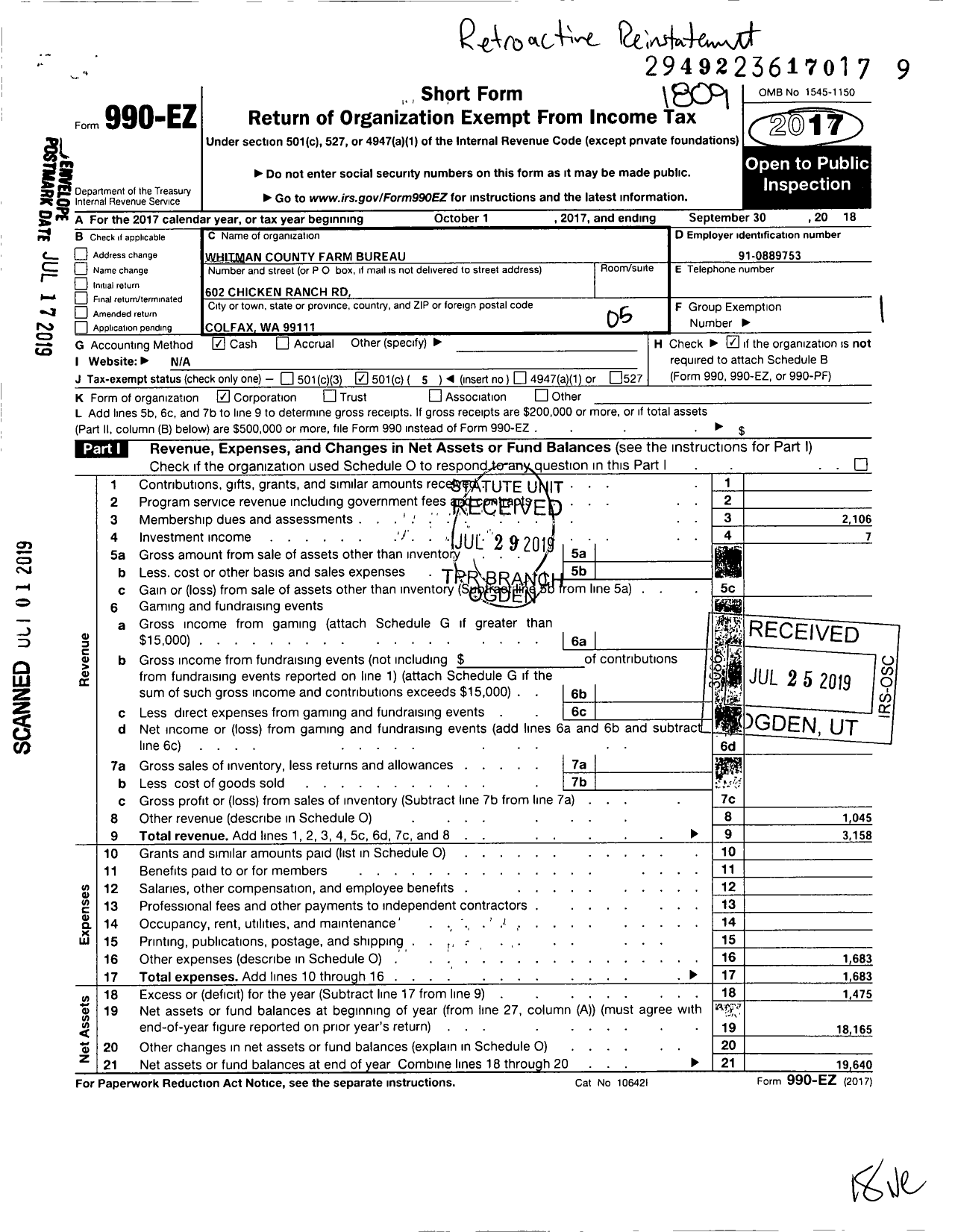 Image of first page of 2017 Form 990EO for Whitman County Farm Bureau