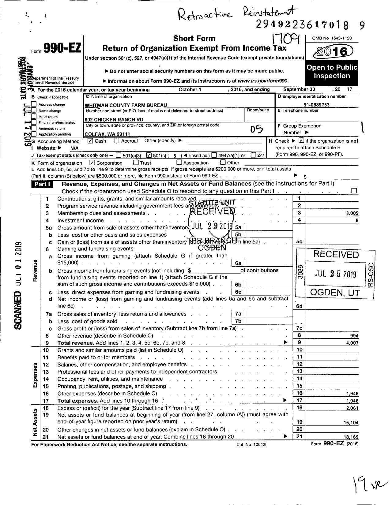 Image of first page of 2016 Form 990EO for Whitman County Farm Bureau