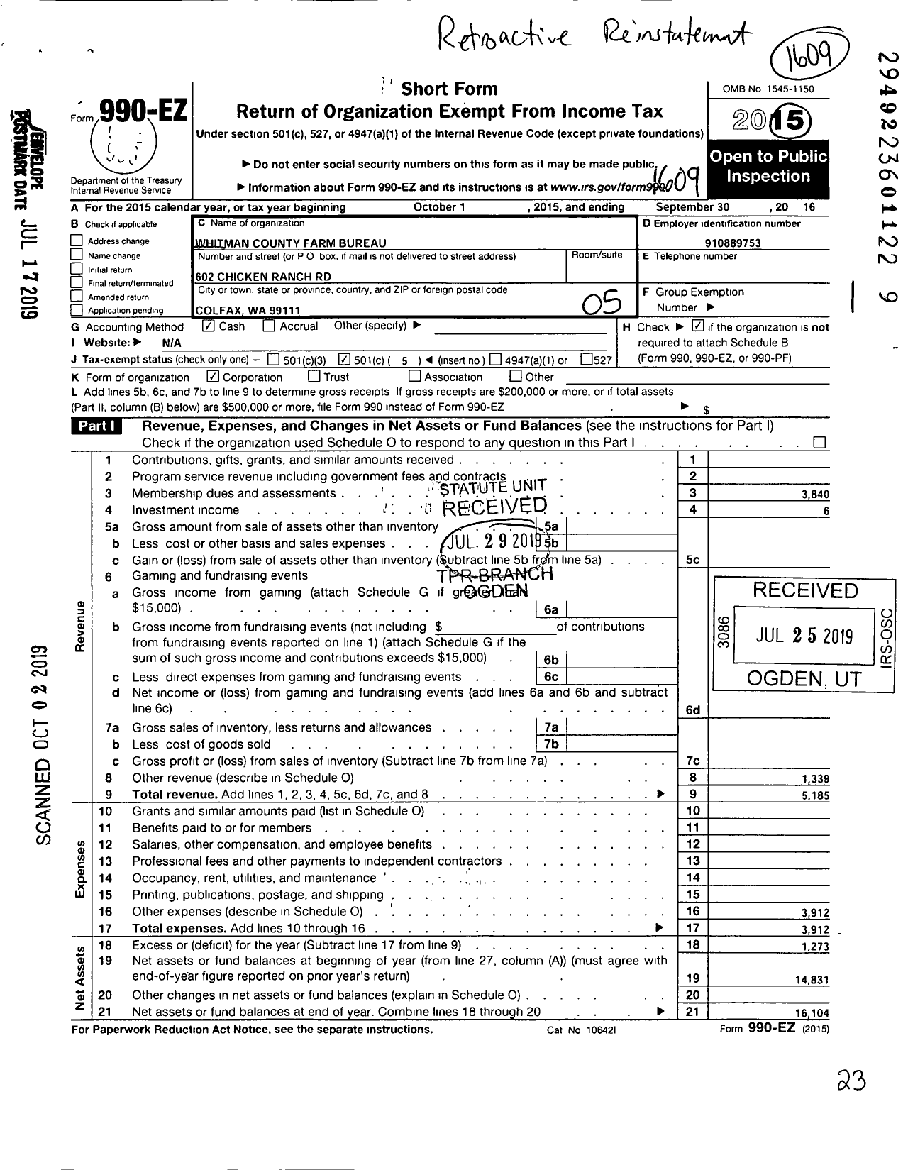 Image of first page of 2015 Form 990EO for Whitman County Farm Bureau