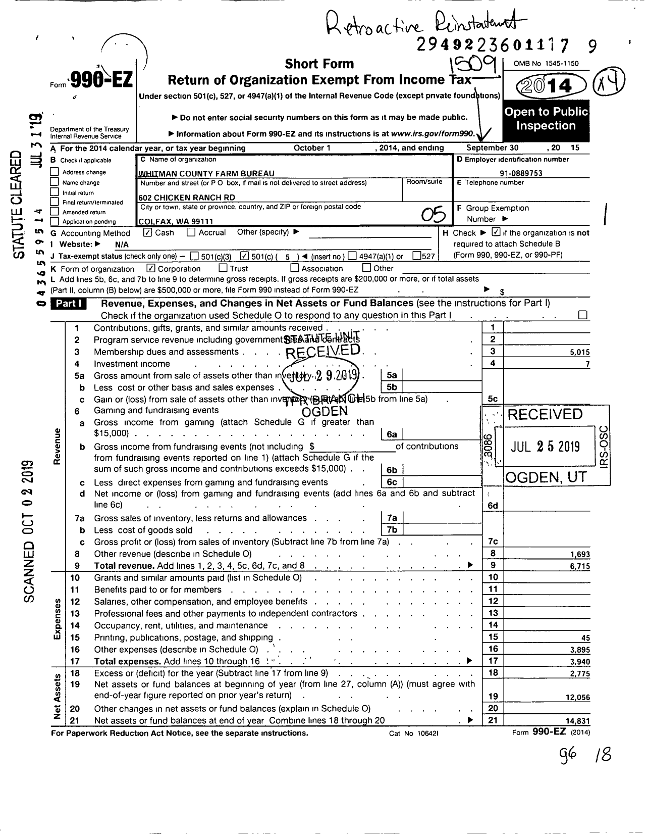 Image of first page of 2014 Form 990EO for Whitman County Farm Bureau