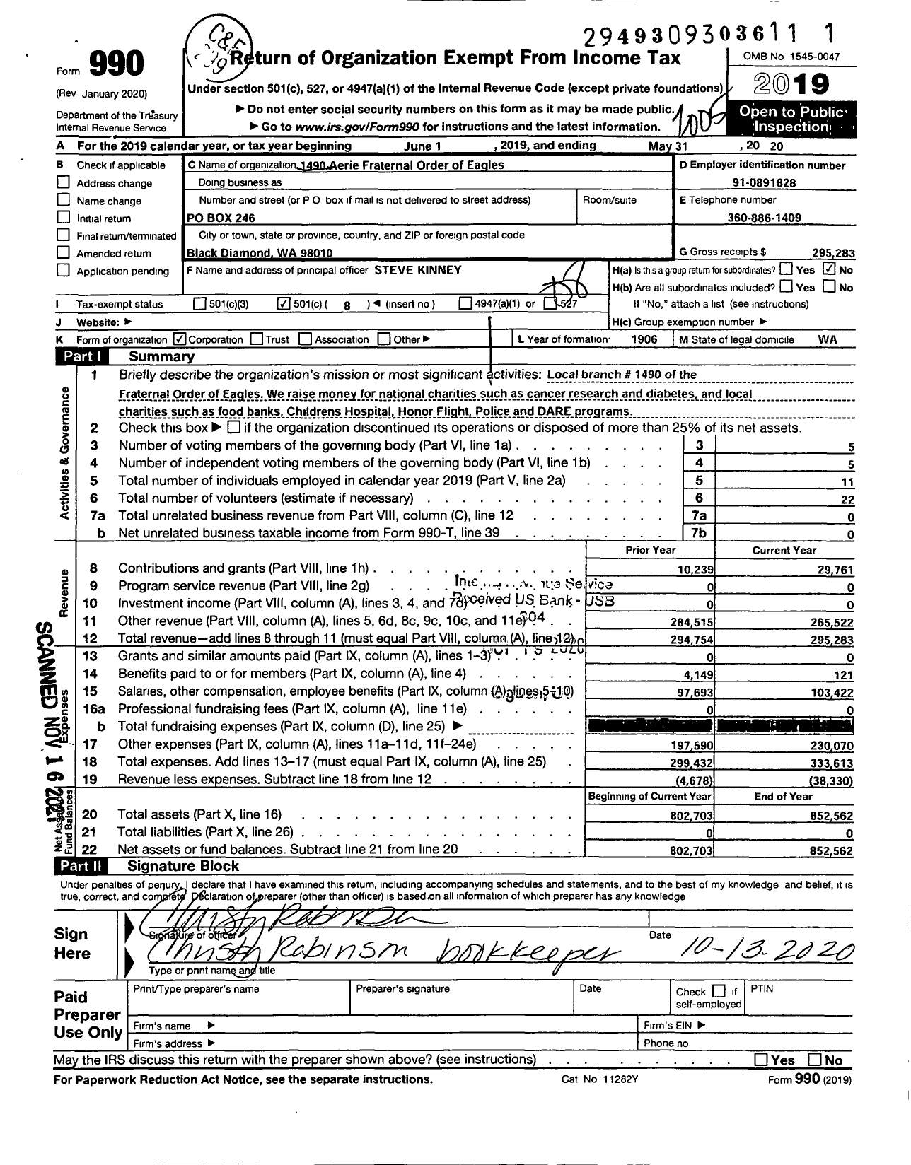 Image of first page of 2019 Form 990O for Fraternal Order of Eagles - 1490 Aerie