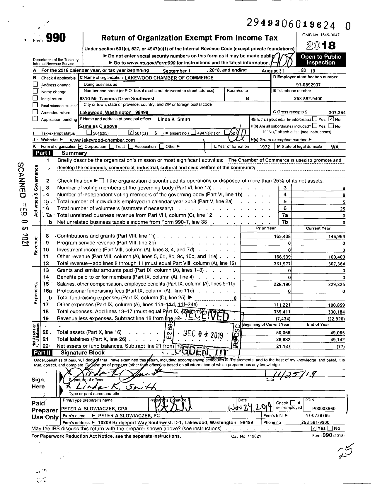 Image of first page of 2018 Form 990O for Lakewood Chamber of Commerce