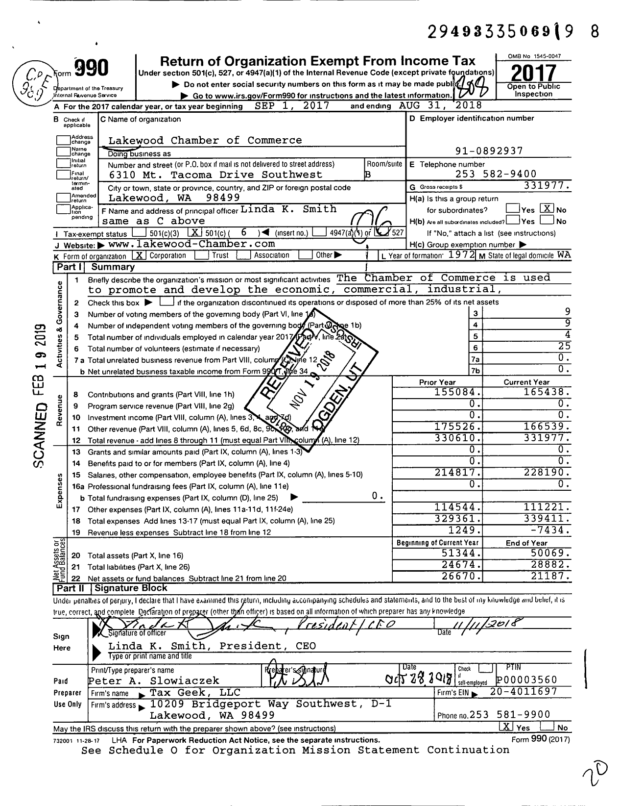 Image of first page of 2017 Form 990O for Lakewood Chamber of Commerce