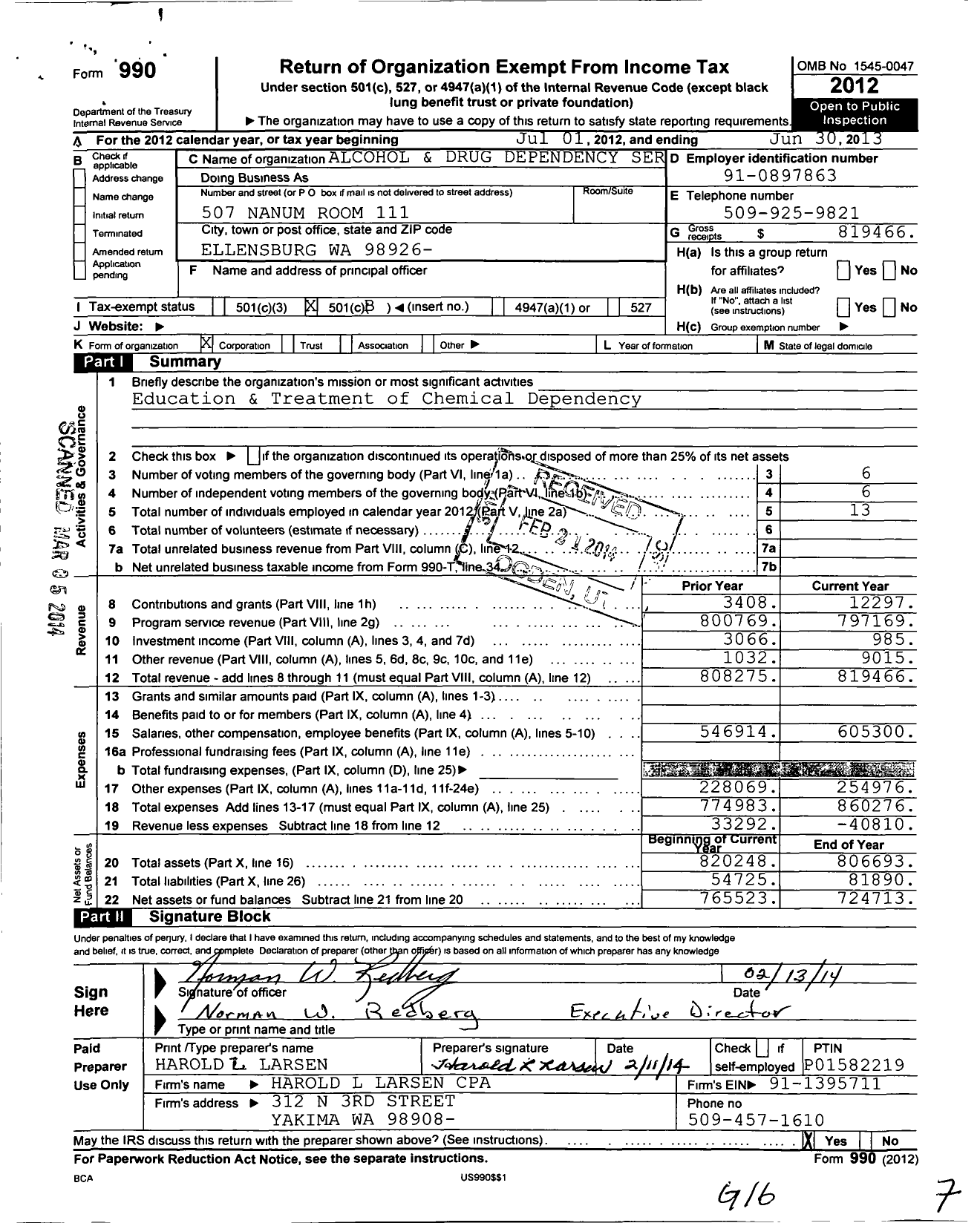 Image of first page of 2012 Form 990O for Alcohol and Drug Dependency Services