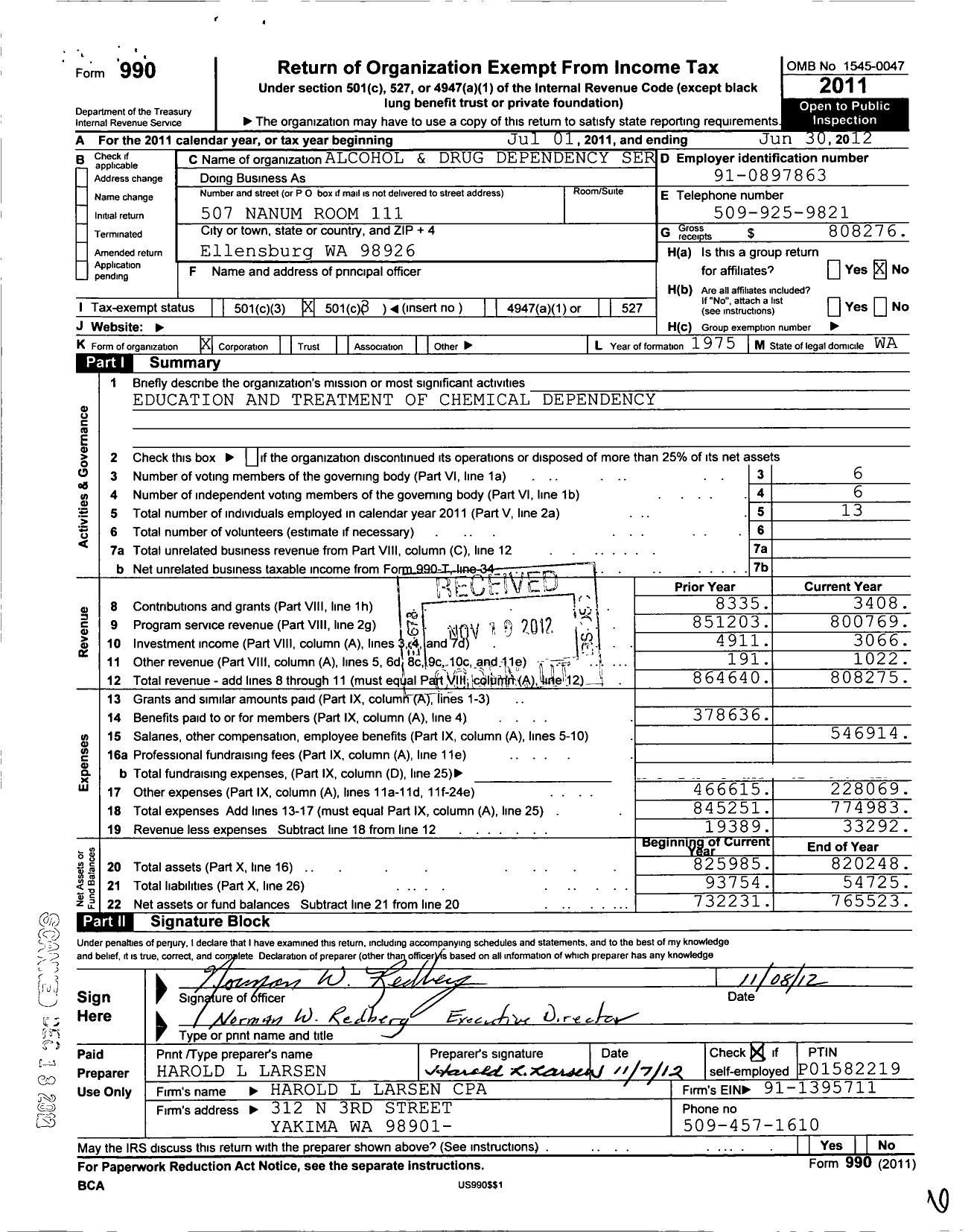 Image of first page of 2011 Form 990 for Alcohol and Drug Dependency Services