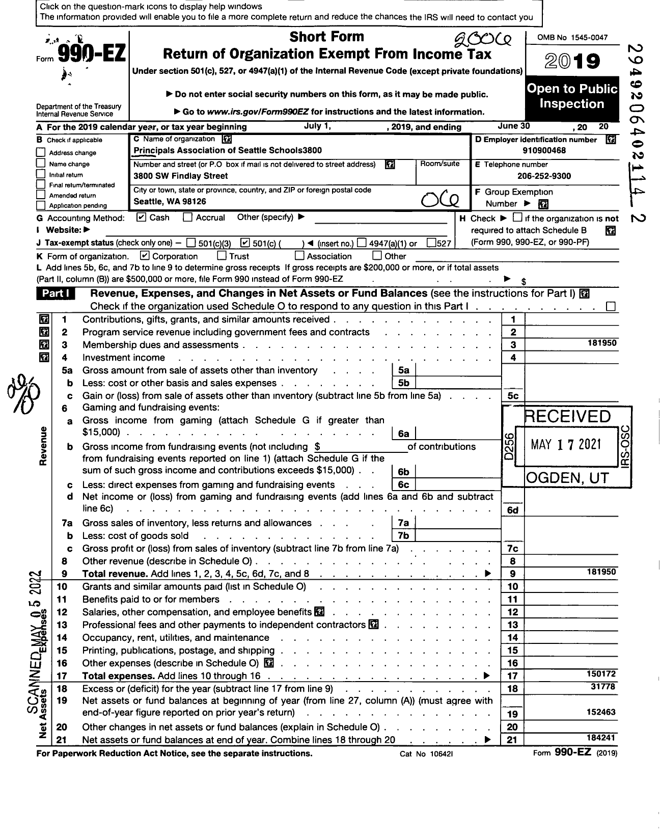 Image of first page of 2019 Form 990EO for Principals Association of Seattle Schools