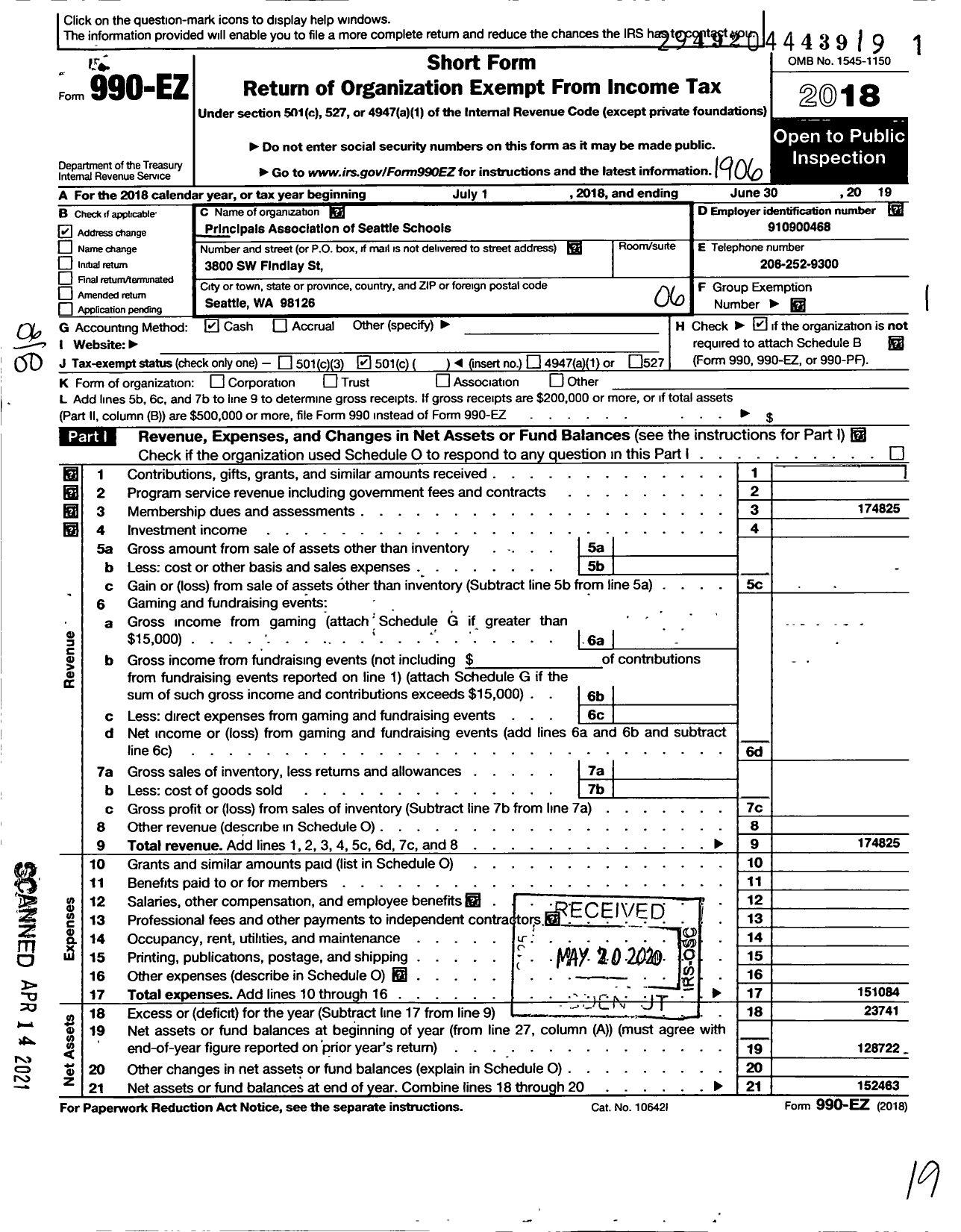 Image of first page of 2018 Form 990EO for Principals Association of Seattle Schools