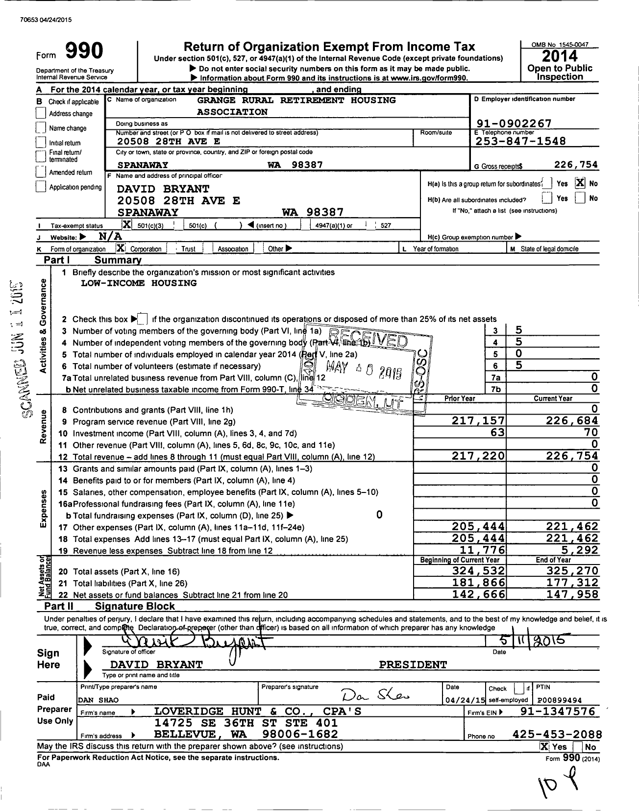 Image of first page of 2014 Form 990 for Grange Rural Retirement Housing Association