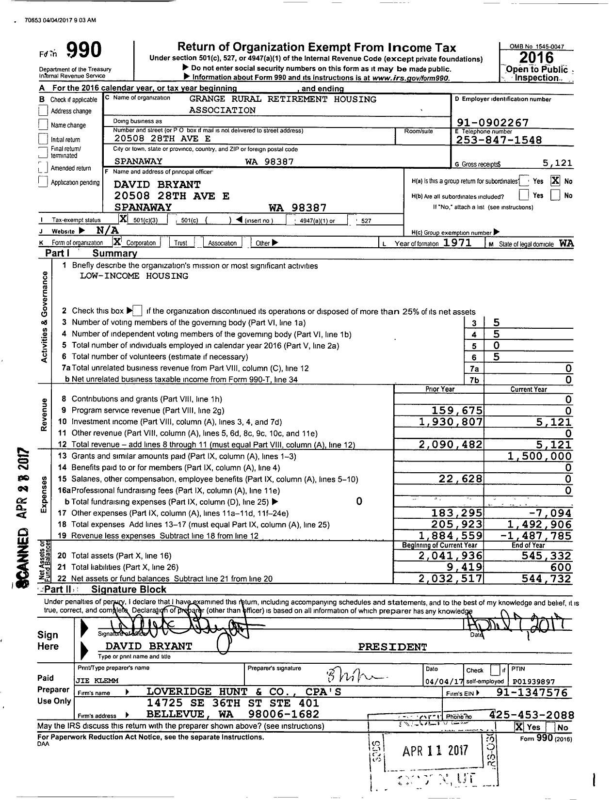 Image of first page of 2016 Form 990 for Grange Rural Retirement Housing Association