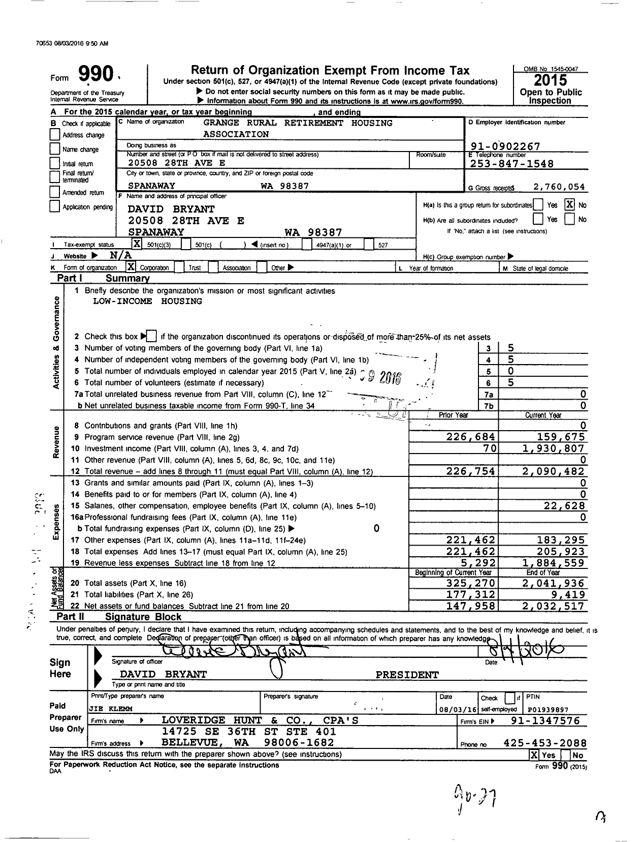 Image of first page of 2015 Form 990 for Grange Rural Retirement Housing Association