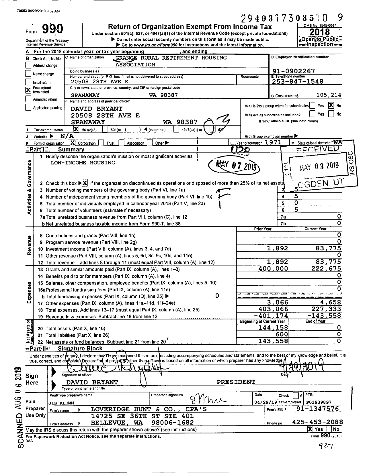 Image of first page of 2018 Form 990 for Grange Rural Retirement Housing Association