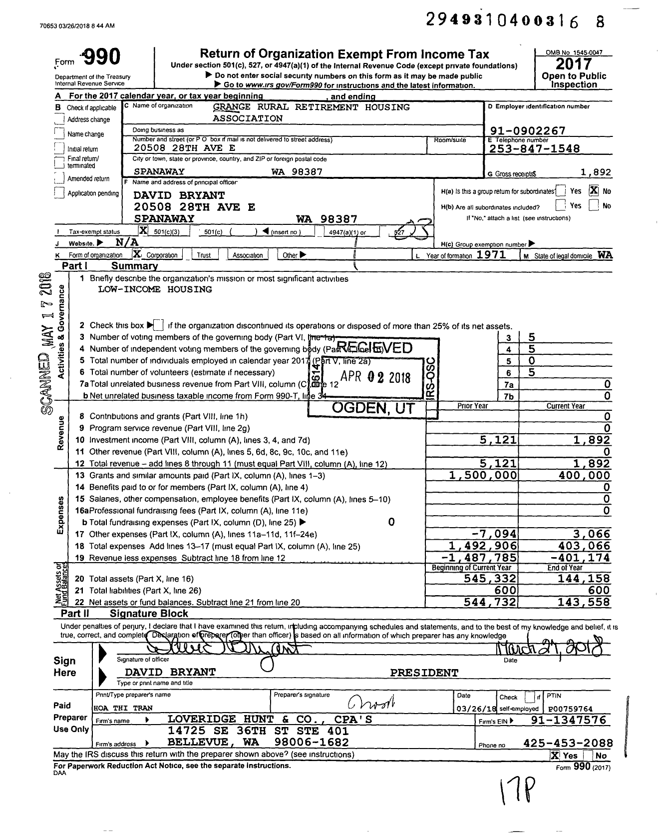 Image of first page of 2017 Form 990 for Grange Rural Retirement Housing Association