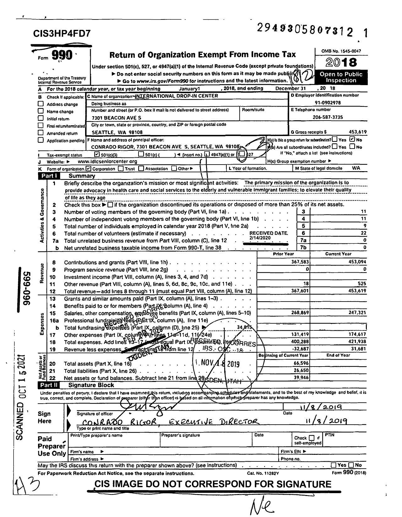 Image of first page of 2018 Form 990 for International Drop in Center