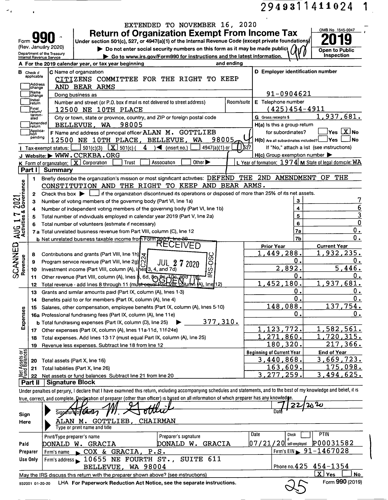 Image of first page of 2019 Form 990O for Citizens Committee for the Right to Keep and Bear Arms (CCRKBA)